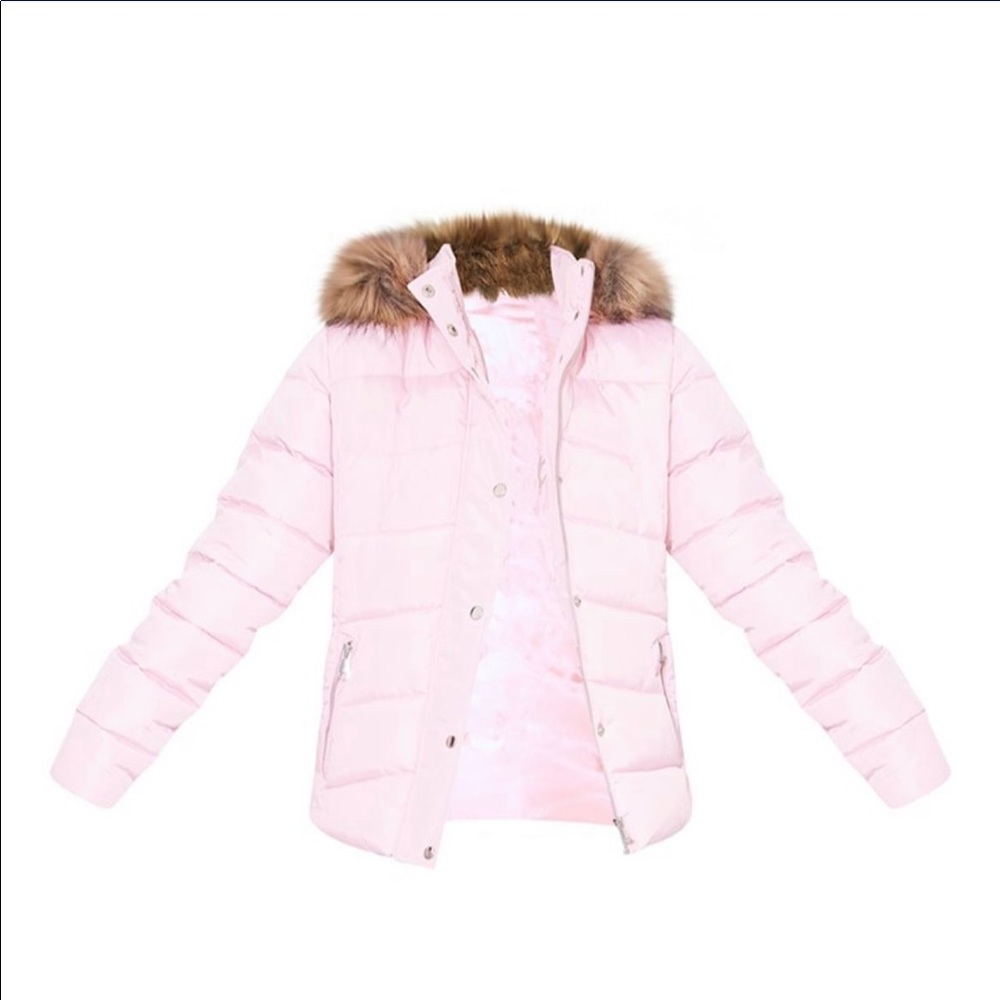 Pink Quilted Fur Hooded Puffer Jacket never worn